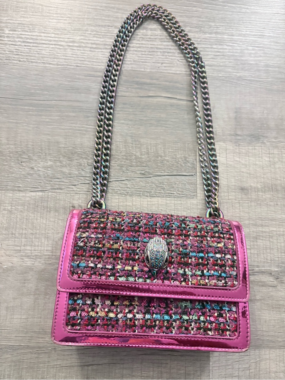 Kurt Geiger Shoreditch small cross body in pink tweed